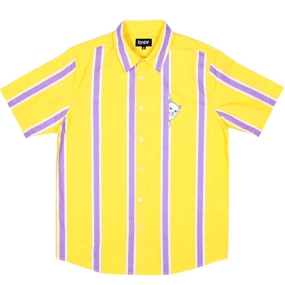 •NWT• RIPNDIP Peek a Nermal Button up Yellow/Lavender Short-Sleeve Shirt •Medium
